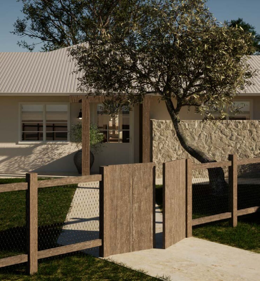 Elio House exterior render with an olive tree and timber gate