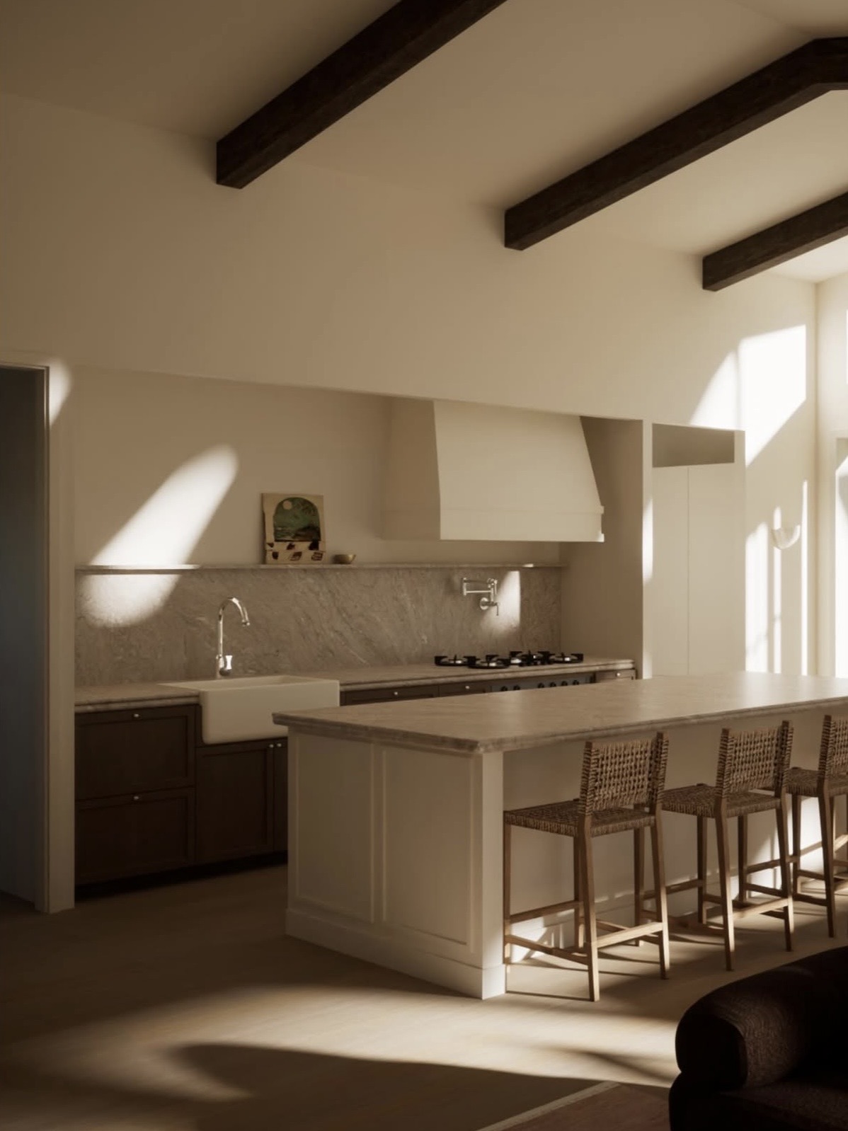 Kitchen island render with a vaulted timber-beamed ceiling, marble splashback, farmhouse sink, pot filler and woven counter stools