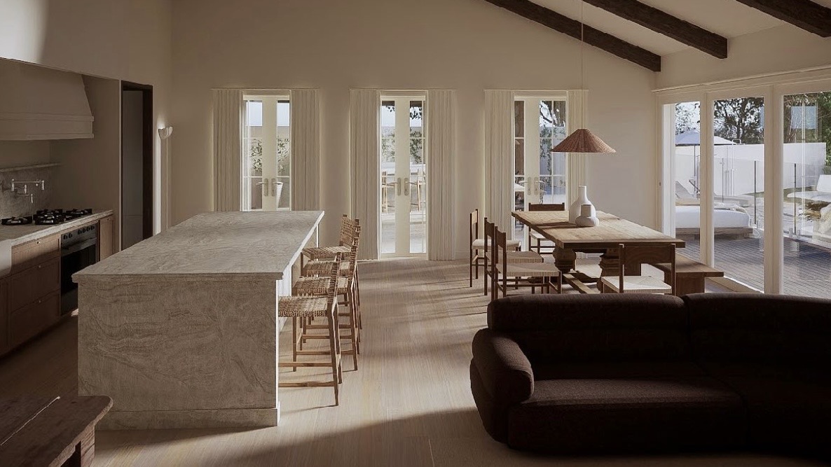 Elio House — open-plan kitchen, dining and living render with a vaulted timber-beamed ceiling and French doors to the pool deck